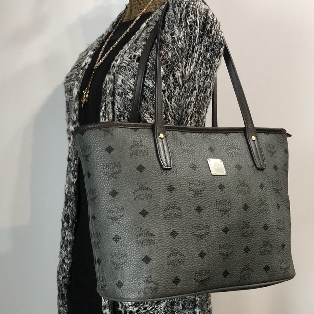 Authentic MCM Gray & Black Leather Logo Zip Tote